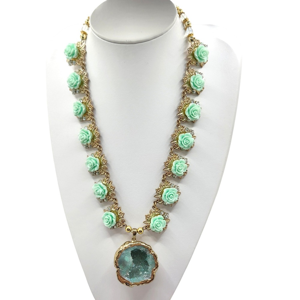 Chunky Mint Flower Statement Necklace Geode Pendant Rose Floral Cottagecore
